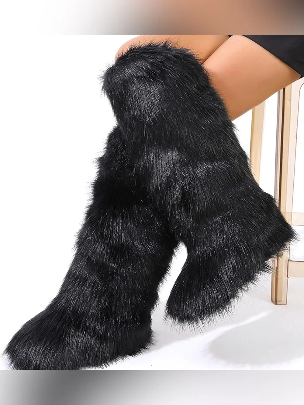New Black Faux Fur Knee High Boots
